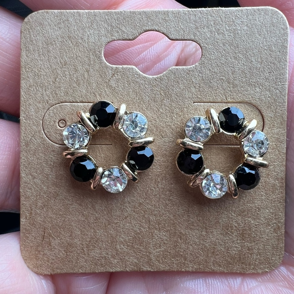 Onyx & Diamond Simulant Gold Tone Ring Stud Earrings